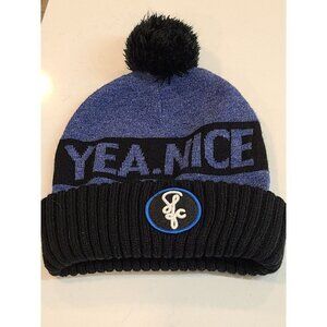 Yea. Nice Beanie Adult One Size Blue Black Logo Pom Pom Toboggan Winter Hat